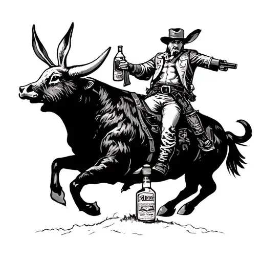 buff rabbit riding a buff bull with a gun and bottle of whiskey in his hand  tattoo design idea