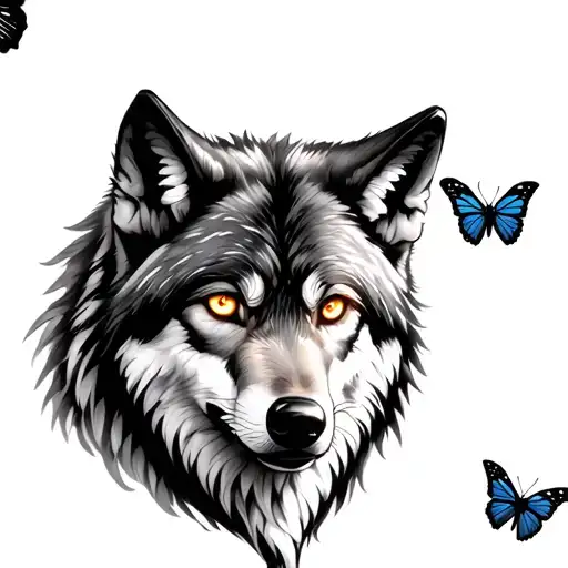wolf with glowing eyes with butterflies  tattoo design idea