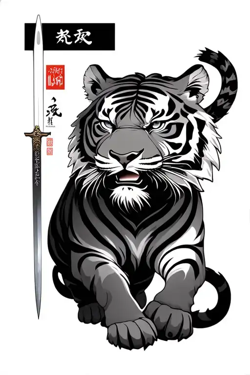 tiger walking sword and Chinese writing on forearm tattoo design idea