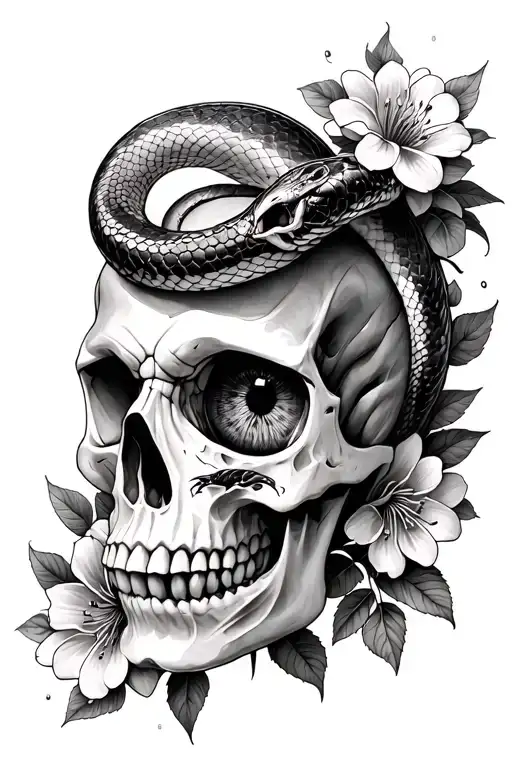 realistic skull with snake slithering through the eye, surrounded by creepy flowers  tattoo design idea