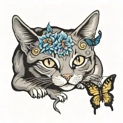 cat with butterfly  tattoo design idea