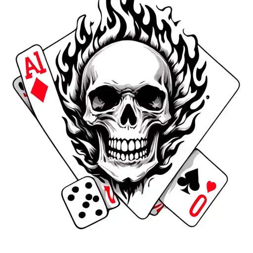 Gamblers lifestyle dice cards skull fire coming tattoo design idea