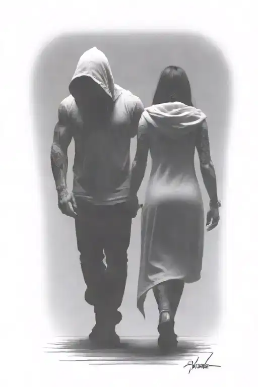 muscular hooded beast and a ethereal woman walking away tattoo design idea