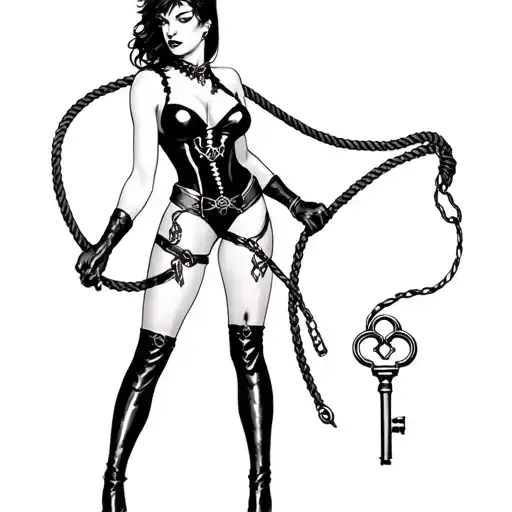A powerful dominatrix figure with a whip and a key, surrounded by elements of bondage and control tattoo design idea