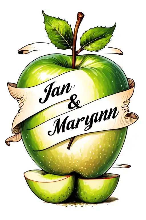 "Jan & Maryann " green apple with banner across tattoo design idea