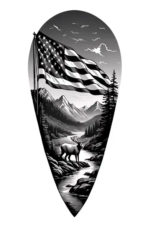 American flag with 1776 on it, mountain range with creek running and a deer drinking from creek tattoo design idea