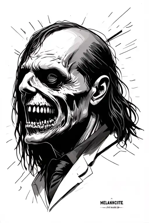 Simplified horror sketch, starting from the words: melancholic, psychopath, schizoite, virtuoso, scientist, mind, anarchist, increased pride, in tattoo design idea