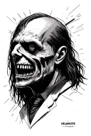 Simplified horror sketch, starting from the words: melancholic, psychopath, schizoite, virtuoso, scientist, mind, anarchist, increased pride, in tattoo design idea