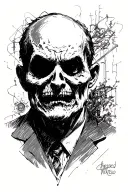 Simplified horror sketch, starting from the words: melancholic, psychopath, schizoite, virtuoso, scientist, mind, anarchist, increased pride, in tattoo design idea