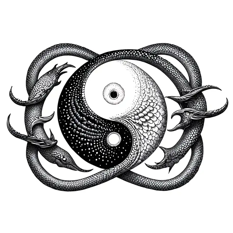 Combination of the pisces sign with yin-yang symbol and with ouroboros serpent around it tattoo design idea
