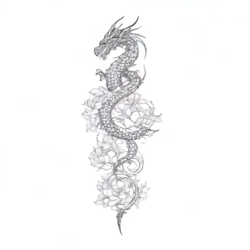 a dragon with the words "may the petals teach the art of letting go" in the middle of the dragon from top to bottom tattoo design idea