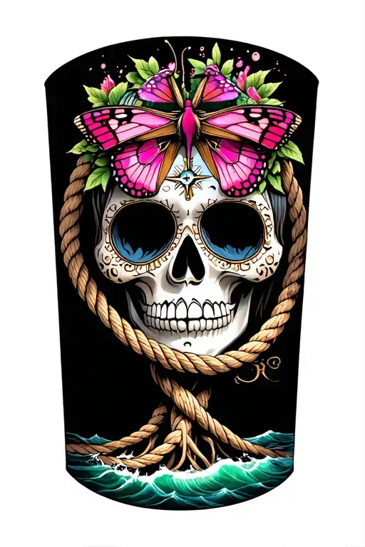 Left cuff, tree of life, sea rope, compass, wind pink, santa muerte, butterfly with the head of the head of Mo tattoo design idea