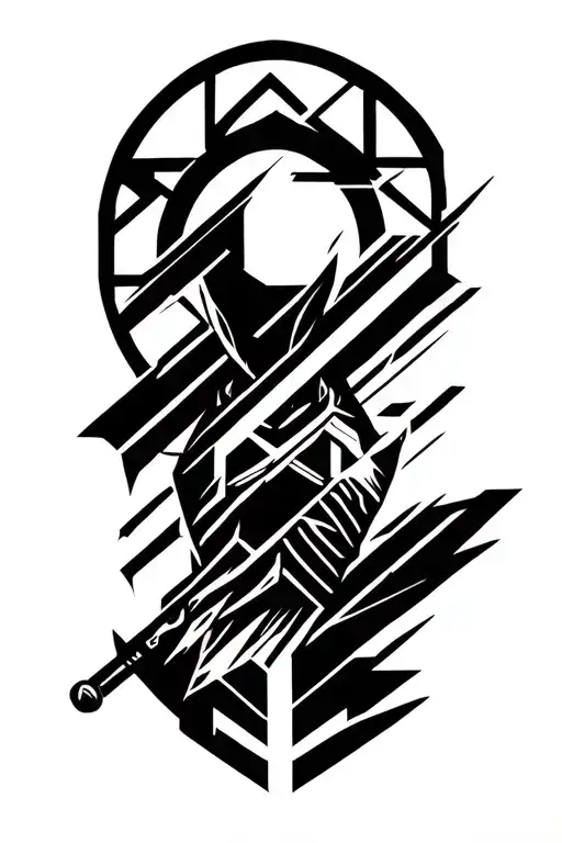 warrior wielding geomtric design inner bicep tattoo design idea