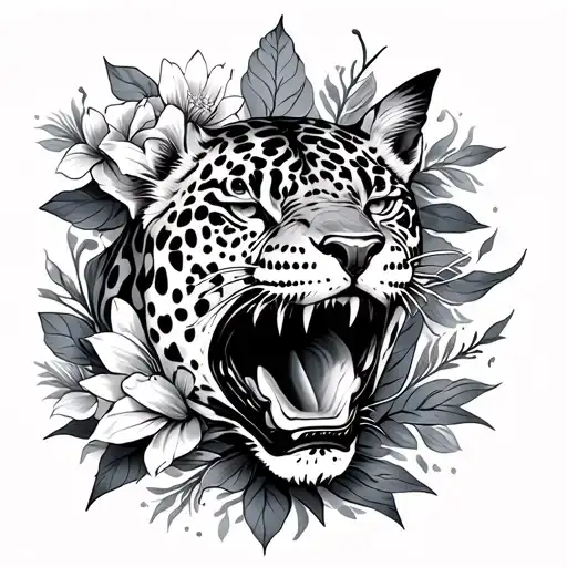 Black and white tattoo of jaguar, hammerhead shark, swordfish, alligator, moray eel, with flowers in the gaps between th tattoo design idea