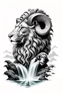 separate ram bull lion and waterfall flowing tattoo design idea