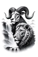 separate ram bull lion and waterfall flowing tattoo design idea