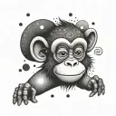 A mischievous monkey juggling symbols of 1992 in dotwork style tattoo design idea