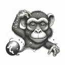 A mischievous monkey juggling symbols of 1992 in dotwork style tattoo design idea