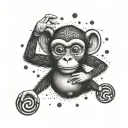 A mischievous monkey juggling symbols of 1992 in dotwork style tattoo design idea