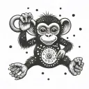 A mischievous monkey juggling symbols of 1992 in dotwork style tattoo design idea