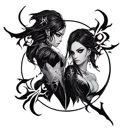 Create a symbolic tattoo design inspired by the world of Arcane. The image should feature Jinx and Vi in a dynamic tattoo design idea