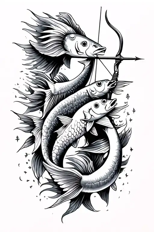 Sagittarius bow and arrow aiming at a school of Pisces fish tattoo design idea