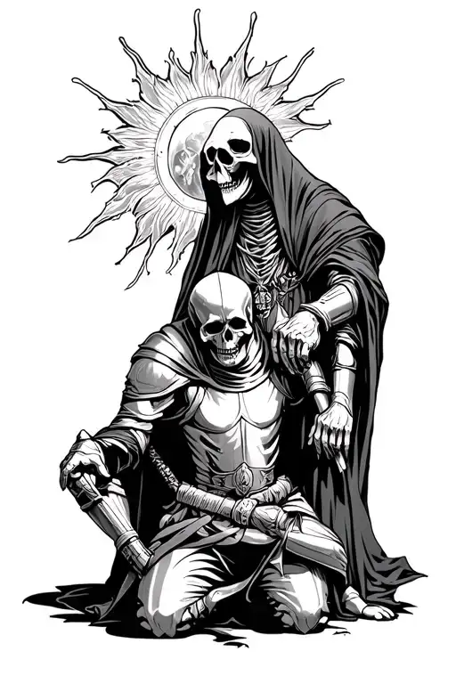 Sun poking through a Grim Reaper  that is standing behind a kneeling knight that has half of his face a skull tattoo design idea