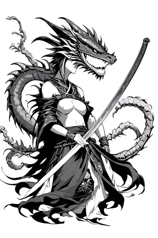 robin one piece anime as gueisha com katana with a dragon tattoo design idea
