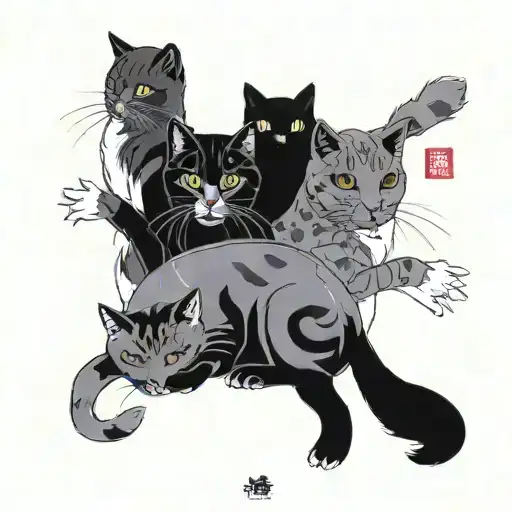Four cats: one yellow, one gray, two blacks. tattoo design idea
