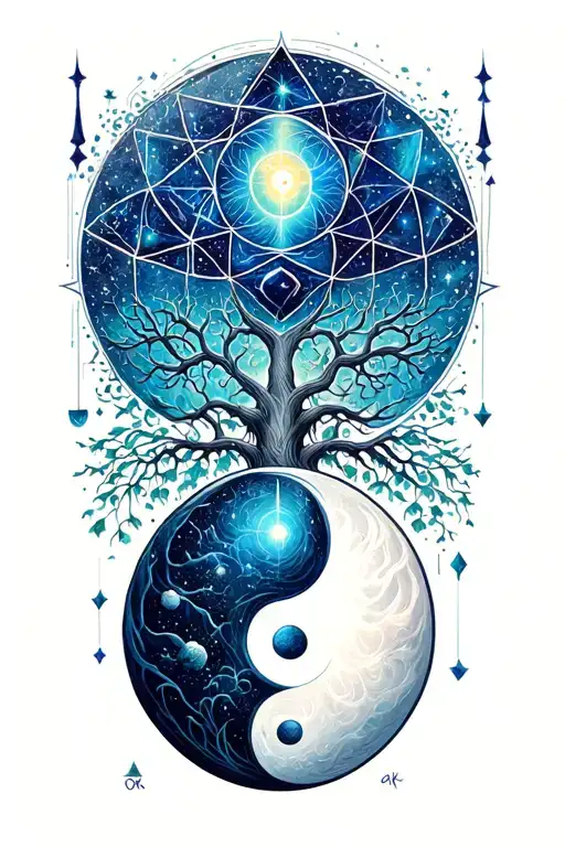 metatrons cube, tree of life, space and a yin yang tattoo design idea
