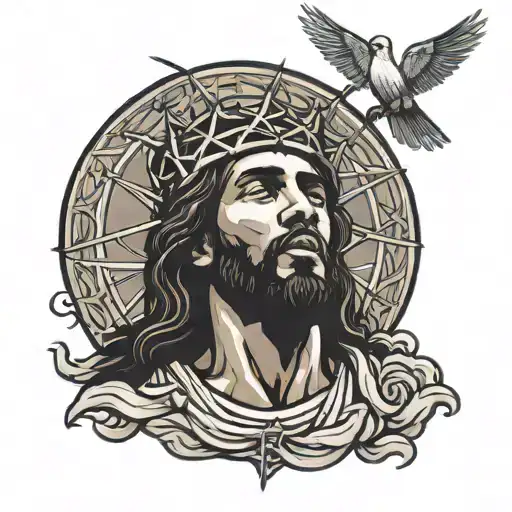 Black jesus wearing crown of thorns praying with clouds and sunray in background doves flying tattoo design idea