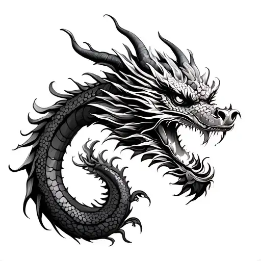 	“A large, highly detailed Asian (Japanese or Chinese) dragon tattoo in dotwork style, using tiny dots for all shading a tattoo design idea
