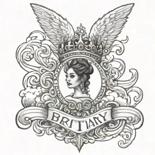 A tattoo with a crown, clouds, angel wings and the name Brittany  tattoo design idea