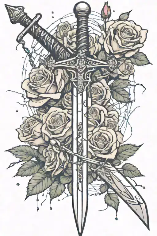 a sword with barbed wire wrapped around the blade with roses and stars  tattoo design idea