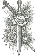 a sword with barbed wire wrapped around the blade with roses and stars  tattoo design idea