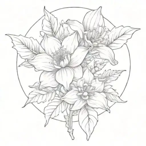 moon ang rose , daffodil, cosmos,holly berry tattoo design idea