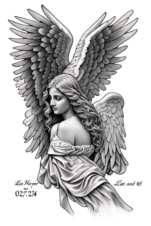 "Lee Harper and date 02/27/24"  angel wing spread wide.memorial  tattoo design idea