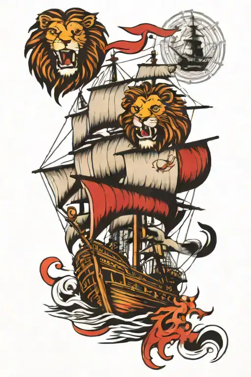 sailing ship and bad lion protects tattoo design idea