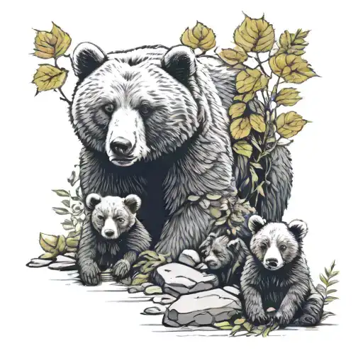 mamma bears with 4 babu cubs, with leaves everywhere, with rocks everywhere. highly detailed. super cute, and fun. tattoo design idea