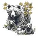 mamma bears with 4 babu cubs, with leaves everywhere, with rocks everywhere. highly detailed. super cute, and fun. tattoo design idea