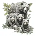 mamma bears with 4 babu cubs, with leaves everywhere, with rocks everywhere. highly detailed. super cute, and fun. tattoo design idea