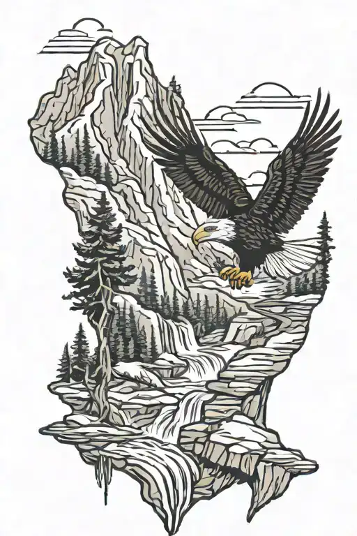 hiking trail, mountain, water fall, trees, eagle, wolf, whale tail tattoo design idea