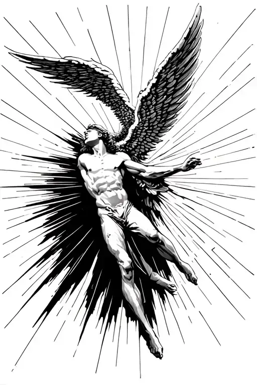 falling man and snuzy angel wing in the form of rays of light tattoo design idea