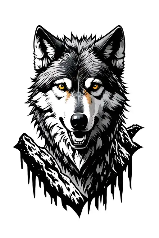 aggressive wolf and mountains tattoo design idea