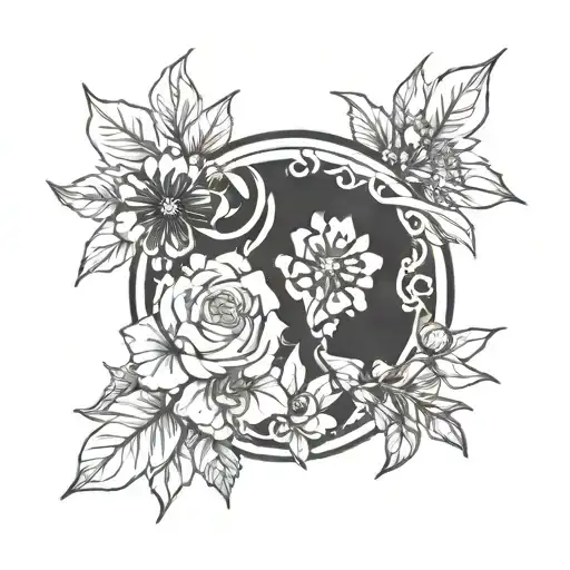 A tattoo design featuring four different birth month flowers representing each family member's birth month, intertwined with elements of gaming and anime symbols to represent your shared interests. The design should also incorporate the University of Hartford logo to symbolize where your relationship began. tattoo design idea