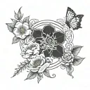 A tattoo design featuring four different birth month flowers representing each family member's birth month, intertwined with elements of gaming and anime symbols to represent your shared interests. The design should also incorporate the University of Hartford logo to symbolize where your relationship began. tattoo design idea