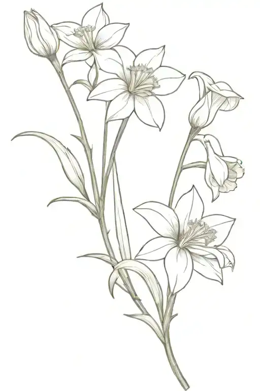 A bouquet of one daffodil, one daisy, and one poppy combined with a bow at the stems of the flowers tattoo design idea