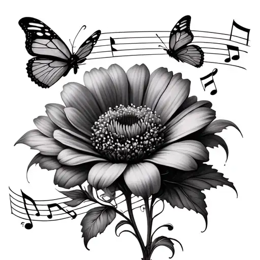 a flower with music notes with butterflies  tattoo design idea