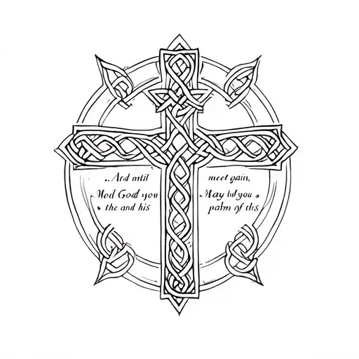 Celtic cross with the phrase " ..And until we meet again, May God hold you in the palm of his hand" written  tattoo design idea