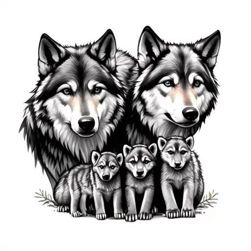 three wolves and 3 baby cubs tattoo design idea